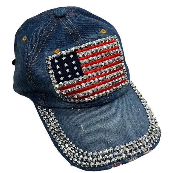 Jeweled US Flag Denim Baseball Hat - Picture 1 of 7
